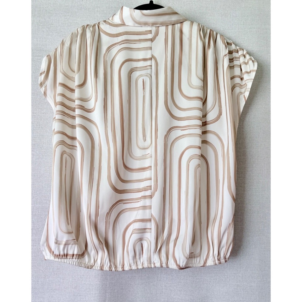 Donna Karan New York Abstract Print Gold Button Down Blouse Tan Cream Wmn Med - Picture 3 of 9